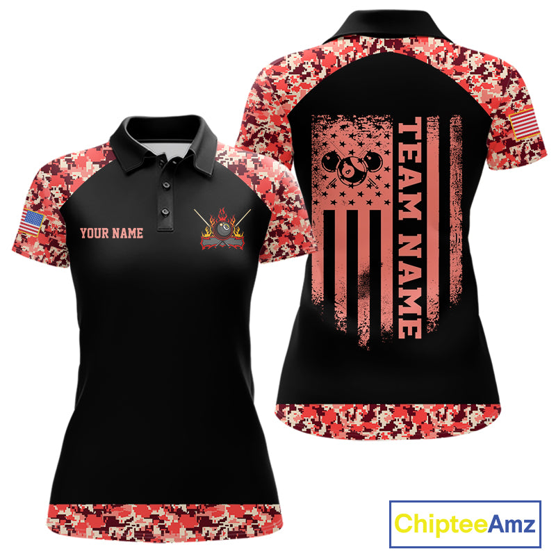 Personalized Red Camo US Flag Billiard Shirts For Women Custom Pool Team Jersey Polo & Quarter Zip TDM7715