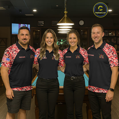 Personalized Red Camo US Flag Billiard Shirts For Men Custom Pool Team Jersey Polo & Quarter Zip TDM7715