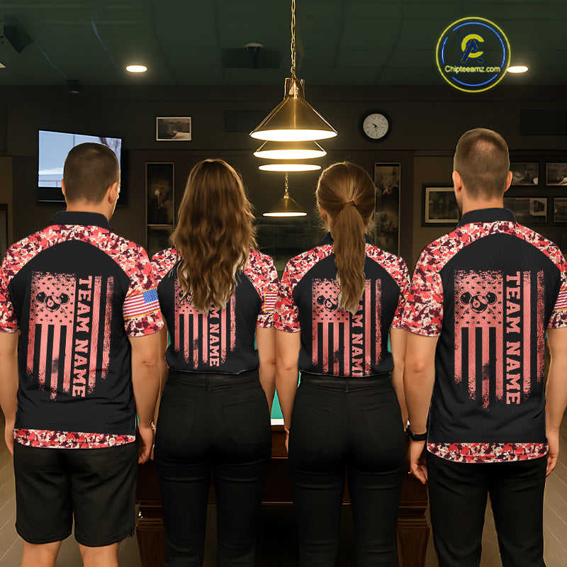 Personalized Red Camo US Flag Billiard Shirts For Men Custom Pool Team Jersey Polo & Quarter Zip TDM7715