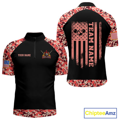 Personalized Red Camo US Flag Billiard Shirts For Men Custom Pool Team Jersey Polo & Quarter Zip TDM7715