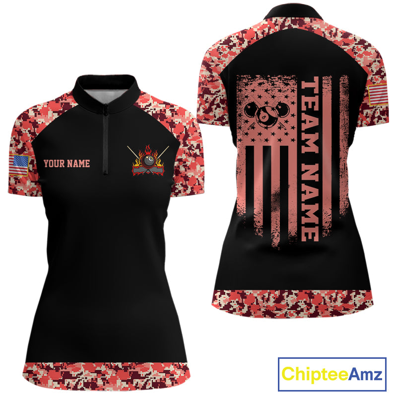Personalized Red Camo US Flag Billiard Shirts For Women Custom Pool Team Jersey Polo & Quarter Zip TDM7715