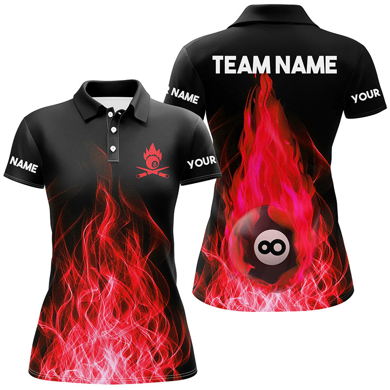 Custom Name Red Flaming Billiard 3D Polo Shirts For Women Custom Billiard 8 Ball For Team TDM0451