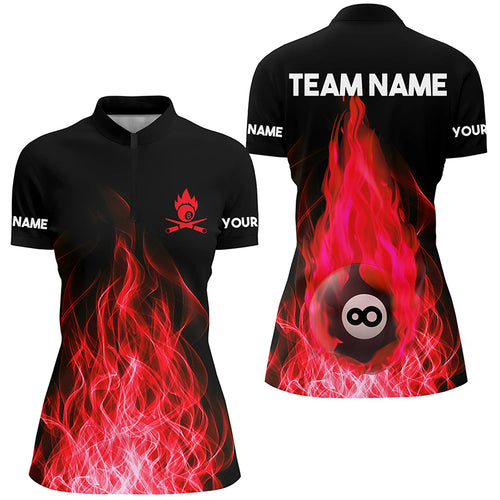 Custom Name Red Flaming Billiard 3D Women Quarter-Zip Shirts Custom Billiard 8 Ball For Team TDM0451