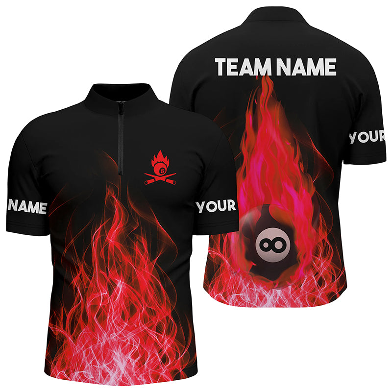 Custom Name Red Flaming Billiard 3D Men Quarter-Zip Shirts Custom Billiard 8 Ball For Team TDM0451