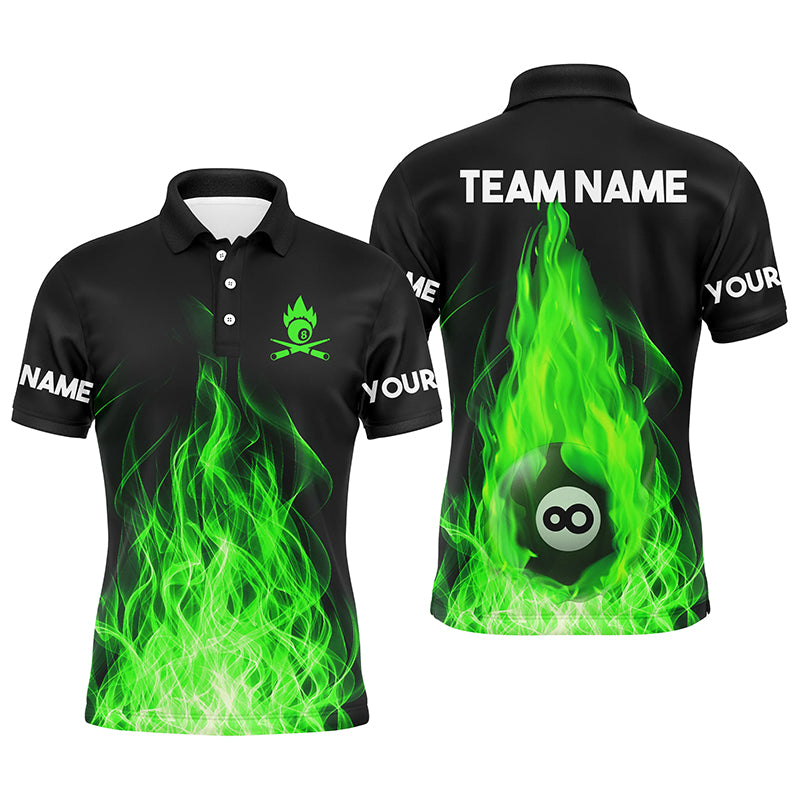 Custom Name Green Flaming Billiard 3D Polo Shirts For Men Custom Billiard 8 Ball For Team TDM0452