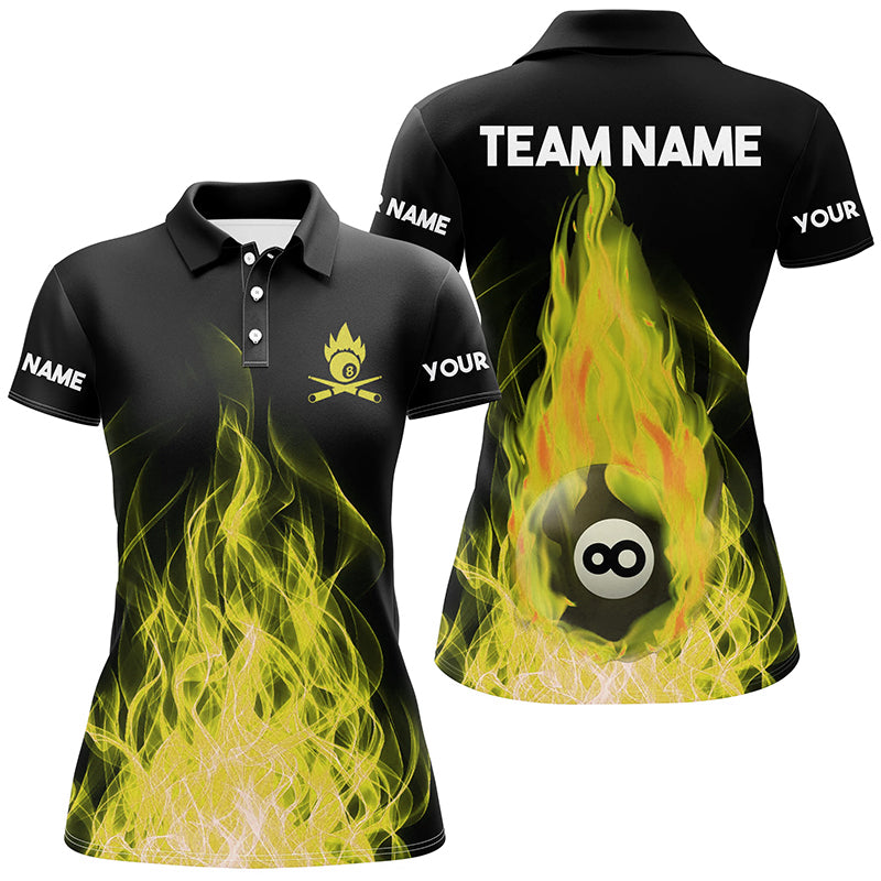 Custom Name Yellow Flaming Billiard 3D Polo Shirts For Women Custom Billiard 8 Ball For Team TDM0453