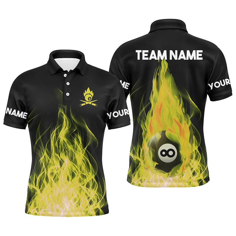 Custom Name Yellow Flaming Billiard 3D Polo Shirts For Men Custom Billiard 8 Ball For Team TDM0453
