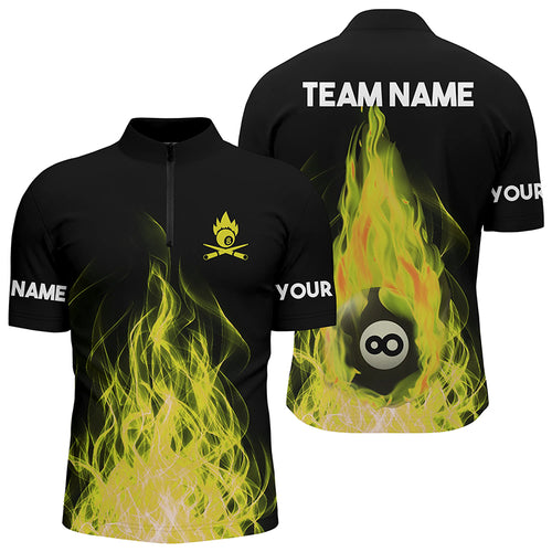 Customized Yellow Flaming Billiard 3D Men Quarter-Zip Shirts Custom Billiard 8 Ball Team TDM0453