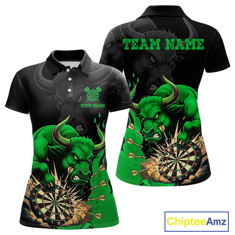 Black And Green Funny Bull Darts Shirt For Women Custom Dart Jersey Team Polo & 1/4 Zip TDM5123
