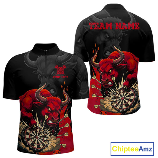 Black And Red Funny Bull Darts Shirt For Men Custom Dart Jersey Team Polo & 1/4 Zip TDM5124