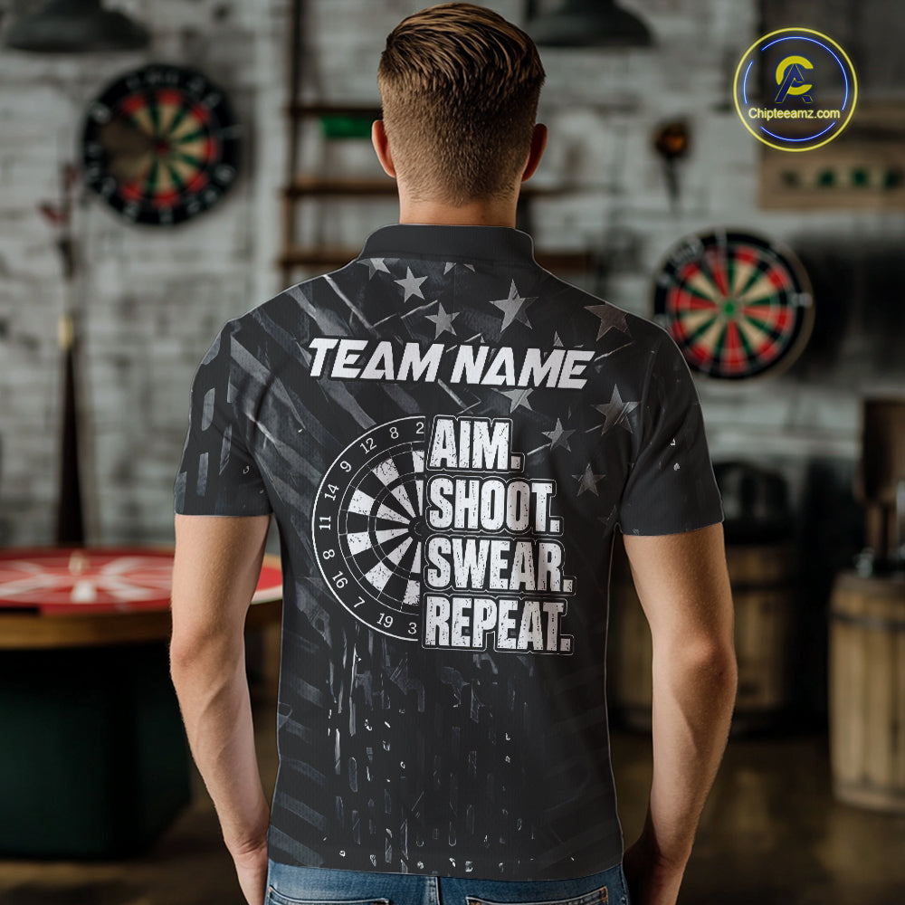 Black US Flag Aim Shoot Swear Repeat Darts Shirts For Men Custom Darts Team Jersey Polo & 1/4 Zip TDM8038