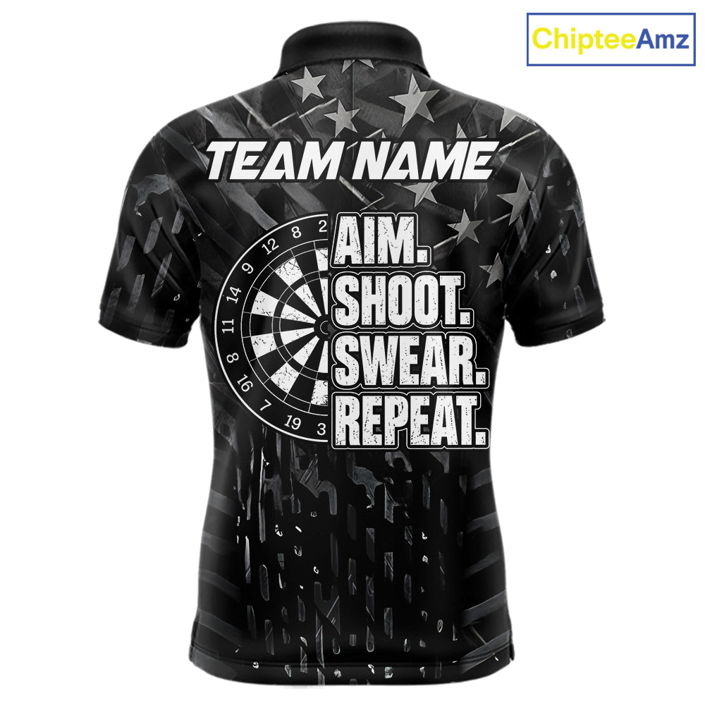 Black US Flag Aim Shoot Swear Repeat Darts Shirts For Men Custom Darts Team Jersey Polo & 1/4 Zip TDM8038