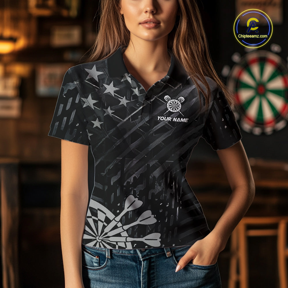 Black US Flag Aim Shoot Swear Repeat Darts Shirts For Women Custom Darts Team Jersey Polo & 1/4 Zip TDM8038