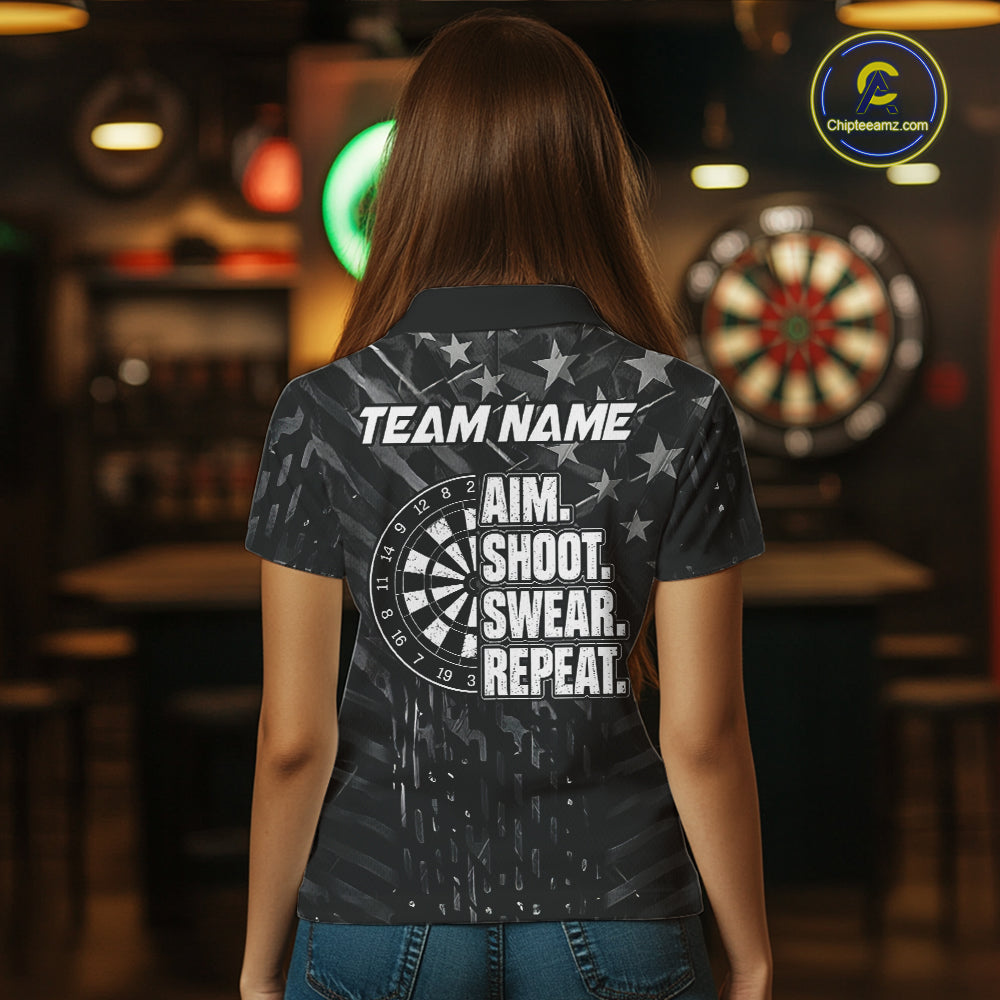 Black US Flag Aim Shoot Swear Repeat Darts Shirts For Women Custom Darts Team Jersey Polo & 1/4 Zip TDM8038