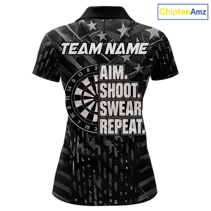 Black US Flag Aim Shoot Swear Repeat Darts Shirts For Women Custom Darts Team Jersey Polo & 1/4 Zip TDM8038