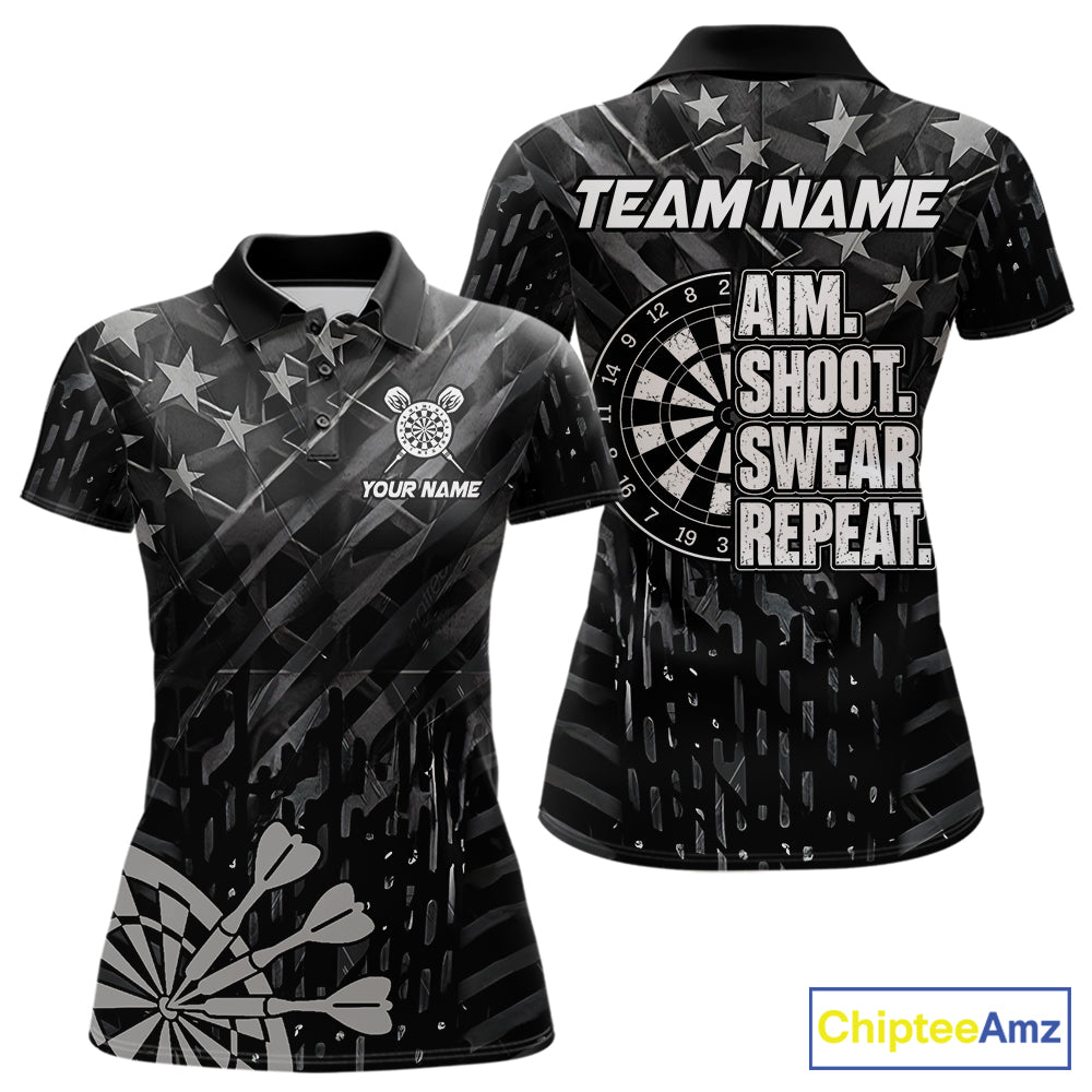 Black US Flag Aim Shoot Swear Repeat Darts Shirts For Women Custom Darts Team Jersey Polo & 1/4 Zip TDM8038