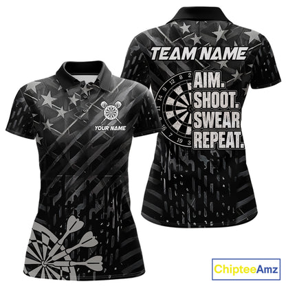 Black US Flag Aim Shoot Swear Repeat Darts Shirts For Women Custom Darts Team Jersey Polo & 1/4 Zip TDM8038
