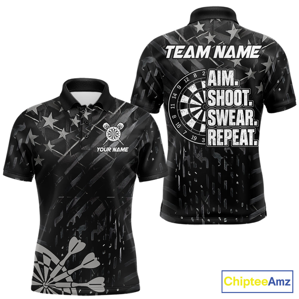 Black US Flag Aim Shoot Swear Repeat Darts Shirts For Men Custom Darts Team Jersey Polo & 1/4 Zip TDM8038