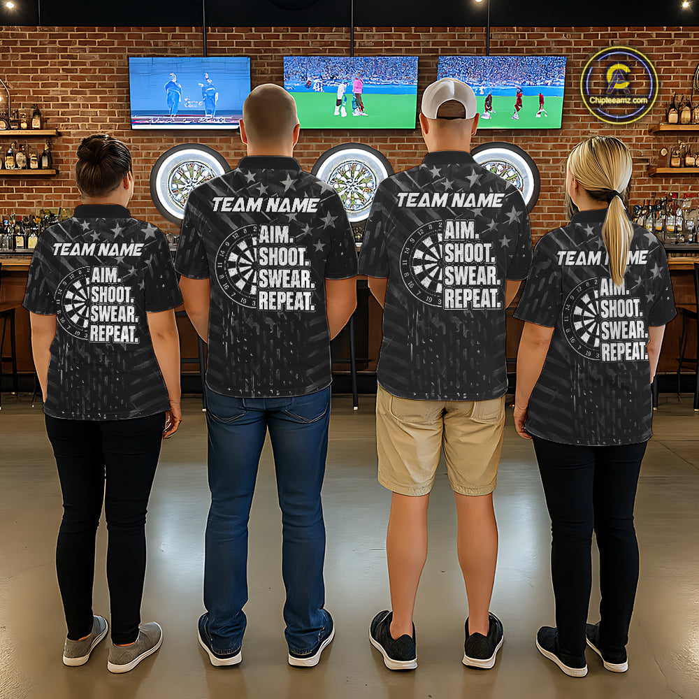 Black US Flag Aim Shoot Swear Repeat Darts Shirts For Men Custom Darts Team Jersey Polo & 1/4 Zip TDM8038
