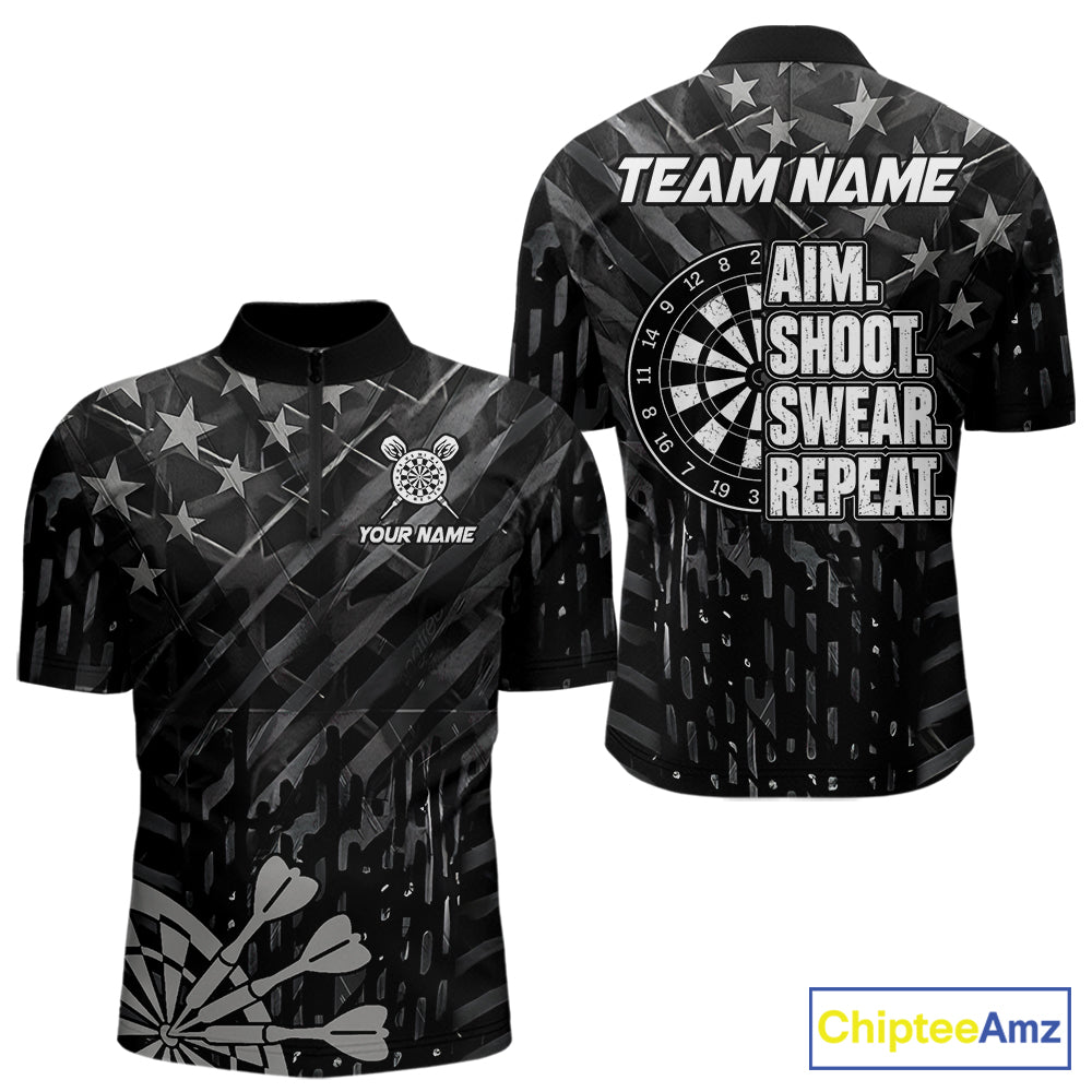 Black US Flag Aim Shoot Swear Repeat Darts Shirts For Men Custom Darts Team Jersey Polo & 1/4 Zip TDM8038