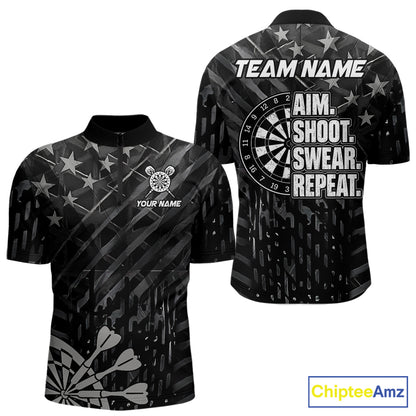Black US Flag Aim Shoot Swear Repeat Darts Shirts For Men Custom Darts Team Jersey Polo & 1/4 Zip TDM8038
