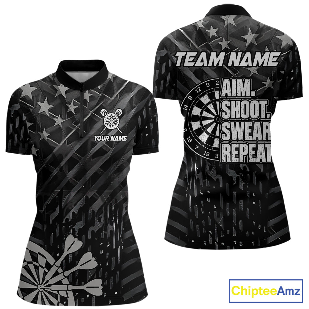Black US Flag Aim Shoot Swear Repeat Darts Shirts For Women Custom Darts Team Jersey Polo & 1/4 Zip TDM8038