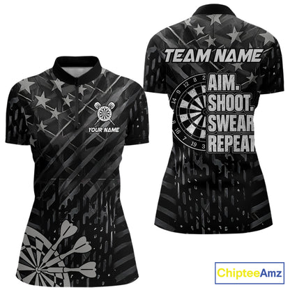 Black US Flag Aim Shoot Swear Repeat Darts Shirts For Women Custom Darts Team Jersey Polo & 1/4 Zip TDM8038