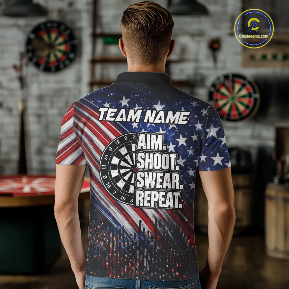 American Flag Aim Shoot Swear Repeat Darts Shirts For Men Custom Darts Team Jersey Polo & 1/4 Zip TDM8039
