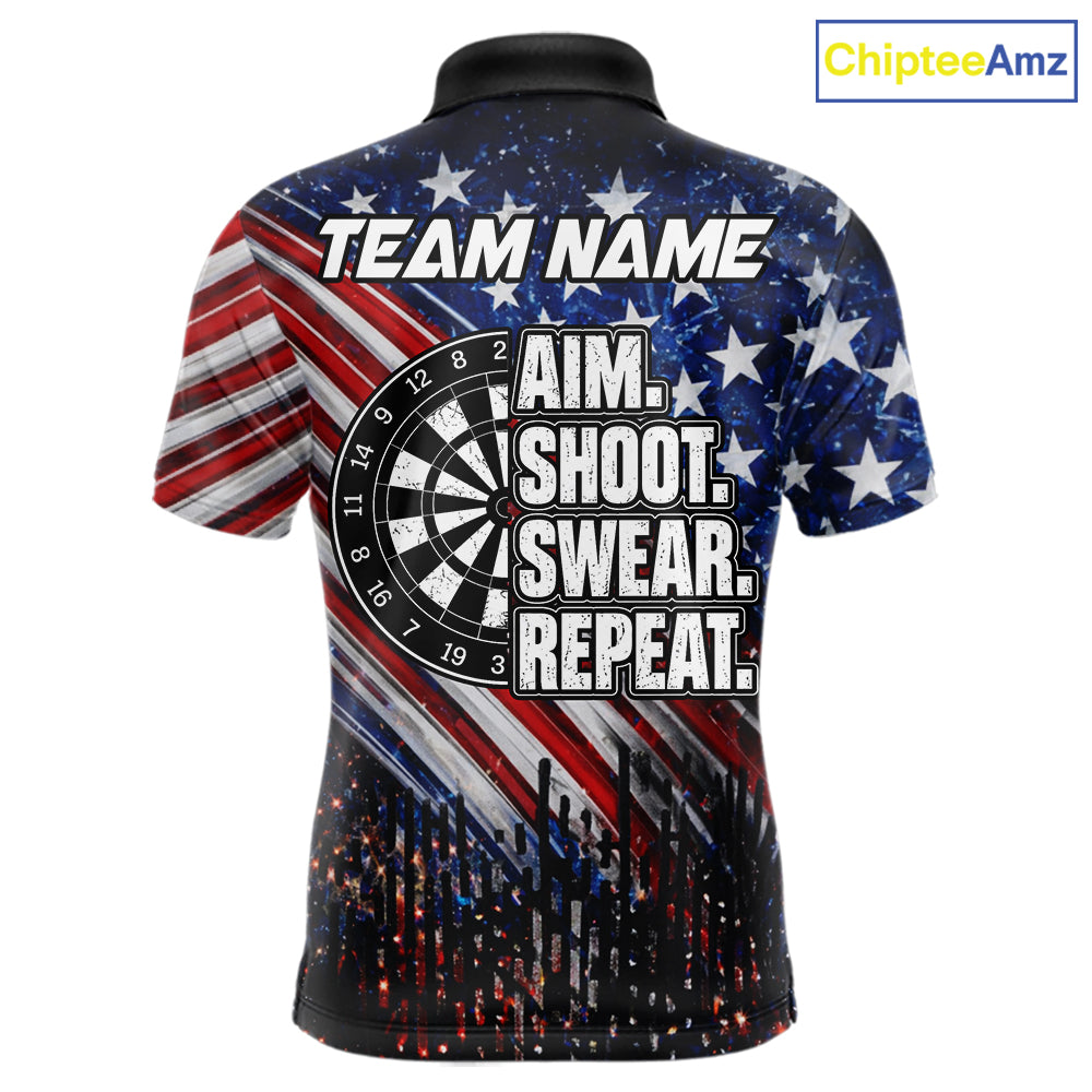 American Flag Aim Shoot Swear Repeat Darts Shirts For Men Custom Darts Team Jersey Polo & 1/4 Zip TDM8039