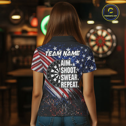 American Flag Aim Shoot Swear Repeat Darts Shirts For Women Custom Darts Team Jersey Polo & 1/4 Zip TDM8039
