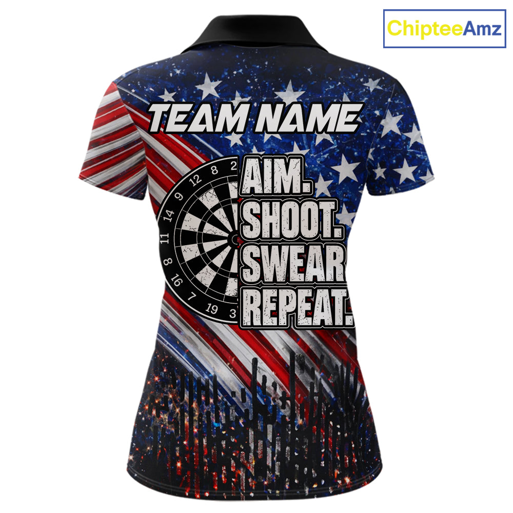 American Flag Aim Shoot Swear Repeat Darts Shirts For Women Custom Darts Team Jersey Polo & 1/4 Zip TDM8039