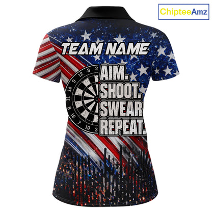American Flag Aim Shoot Swear Repeat Darts Shirts For Women Custom Darts Team Jersey Polo & 1/4 Zip TDM8039