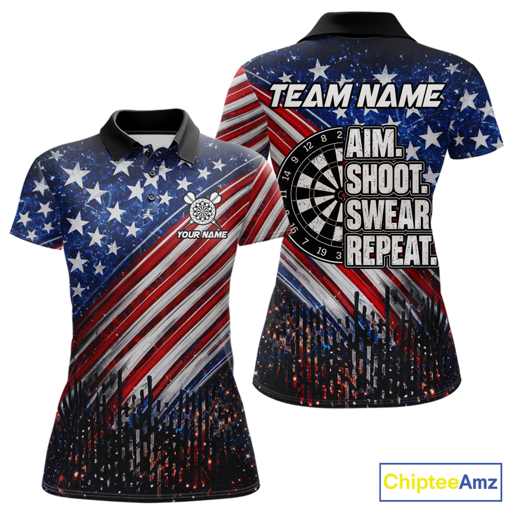 American Flag Aim Shoot Swear Repeat Darts Shirts For Women Custom Darts Team Jersey Polo & 1/4 Zip TDM8039
