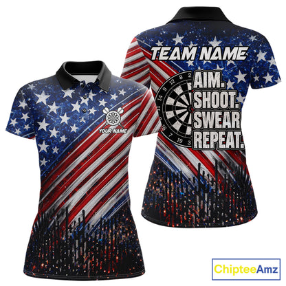 American Flag Aim Shoot Swear Repeat Darts Shirts For Women Custom Darts Team Jersey Polo & 1/4 Zip TDM8039