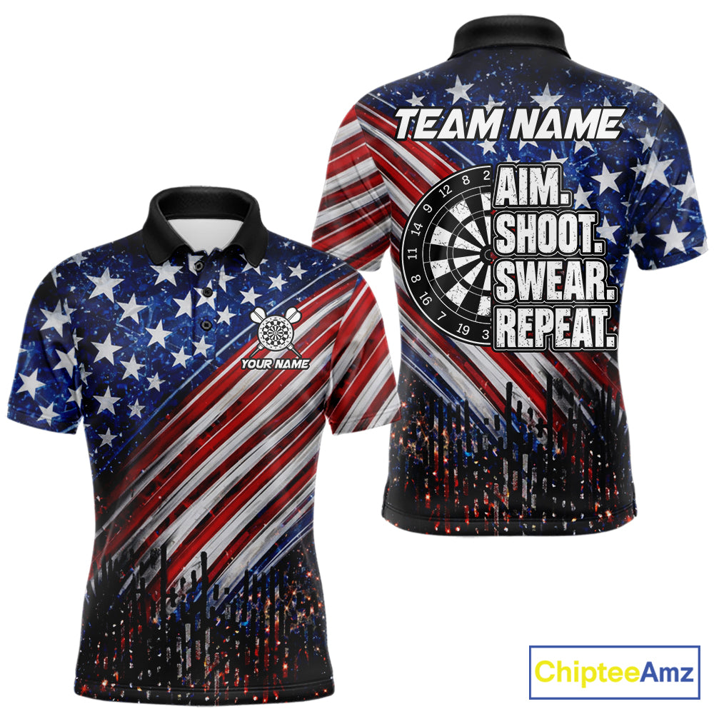 American Flag Aim Shoot Swear Repeat Darts Shirts For Men Custom Darts Team Jersey Polo & 1/4 Zip TDM8039