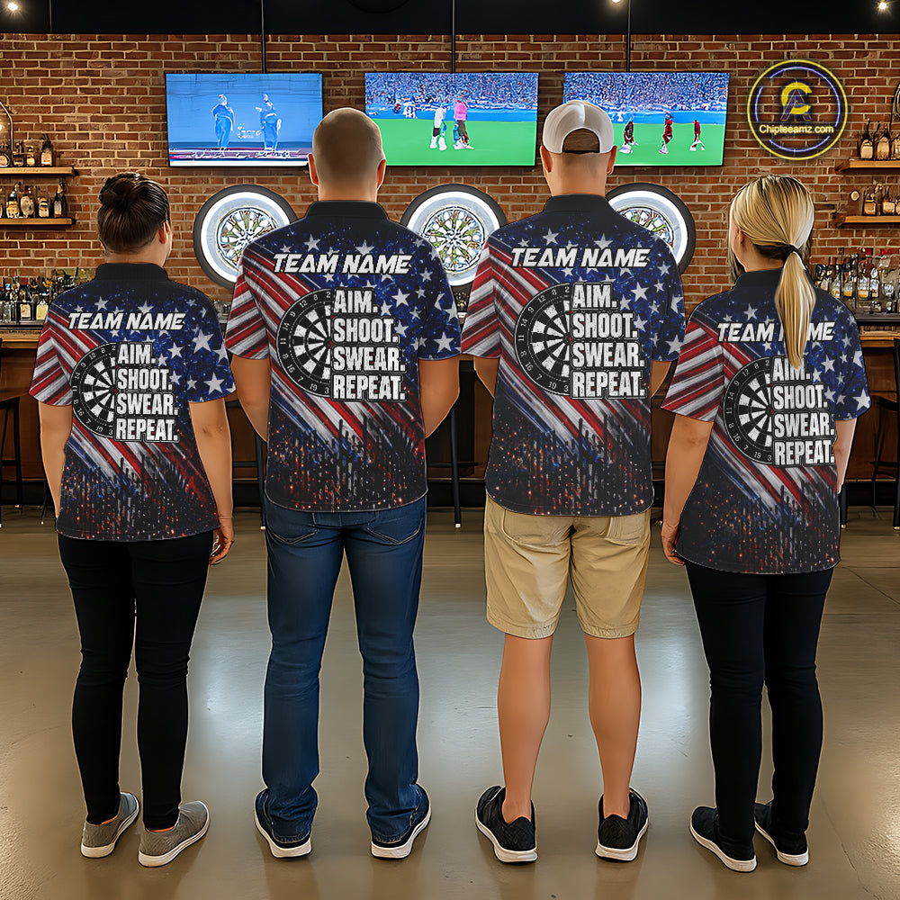 American Flag Aim Shoot Swear Repeat Darts Shirts For Men Custom Darts Team Jersey Polo & 1/4 Zip TDM8039