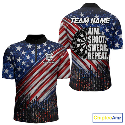 American Flag Aim Shoot Swear Repeat Darts Shirts For Men Custom Darts Team Jersey Polo & 1/4 Zip TDM8039