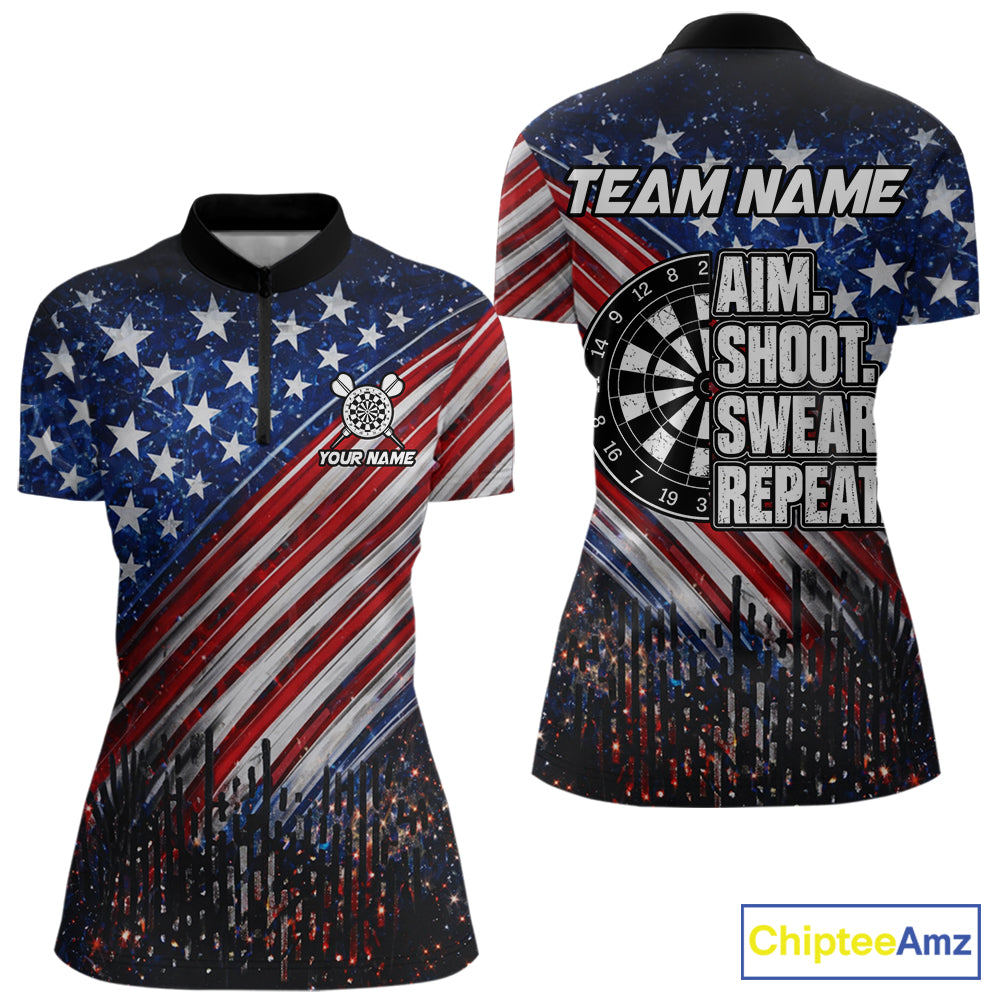 American Flag Aim Shoot Swear Repeat Darts Shirts For Women Custom Darts Team Jersey Polo & 1/4 Zip TDM8039
