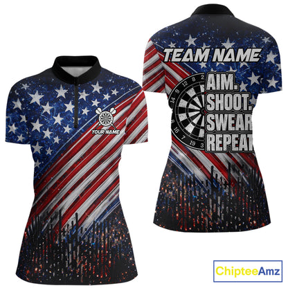 American Flag Aim Shoot Swear Repeat Darts Shirts For Women Custom Darts Team Jersey Polo & 1/4 Zip TDM8039