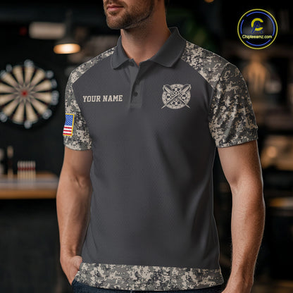 Personalized Retro Camo US Flag Darts Shirt For Men, Vintage Darts Team Jersey Polo & 1/4 Zip TDM8040