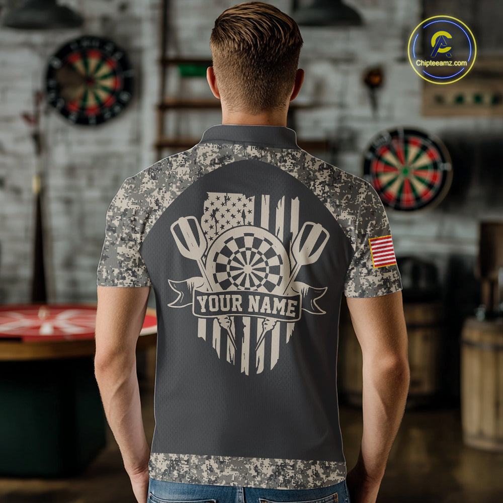 Personalized Retro Camo US Flag Darts Shirt For Men, Vintage Darts Team Jersey Polo & 1/4 Zip TDM8040