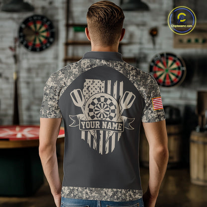 Personalized Retro Camo US Flag Darts Shirt For Men, Vintage Darts Team Jersey Polo & 1/4 Zip TDM8040
