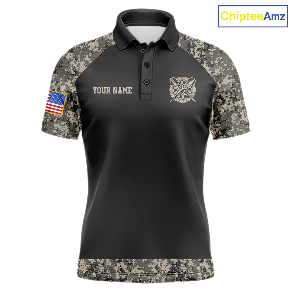 Personalized Retro Camo US Flag Darts Shirt For Men, Vintage Darts Team Jersey Polo & 1/4 Zip TDM8040
