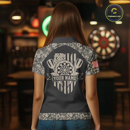 Personalized Retro Camo US Flag Darts Shirt For Women, Vintage Darts Team Jersey Polo & 1/4 Zip TDM8040