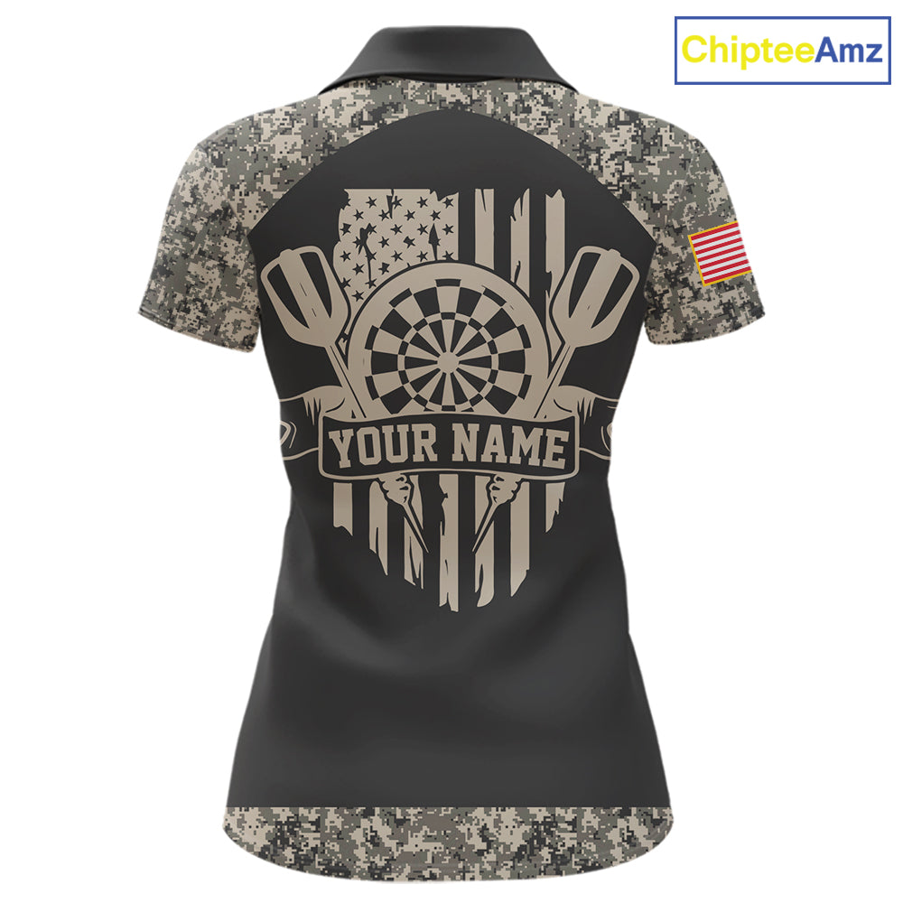 Personalized Retro Camo US Flag Darts Shirt For Women, Vintage Darts Team Jersey Polo & 1/4 Zip TDM8040