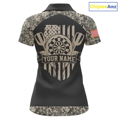 Personalized Retro Camo US Flag Darts Shirt For Women, Vintage Darts Team Jersey Polo & 1/4 Zip TDM8040