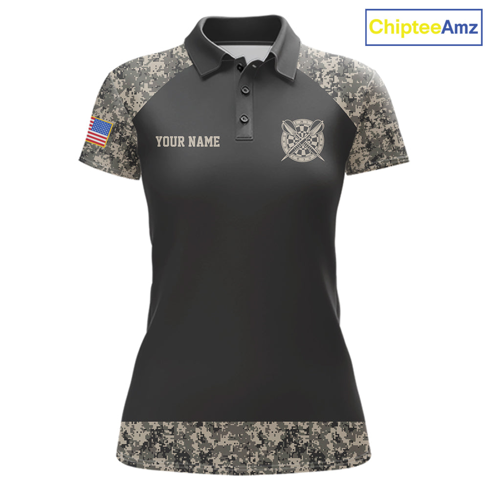 Personalized Retro Camo US Flag Darts Shirt For Women, Vintage Darts Team Jersey Polo & 1/4 Zip TDM8040