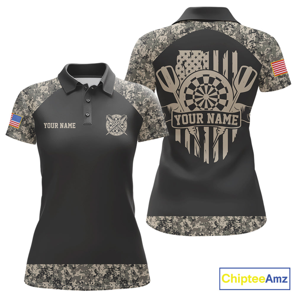 Personalized Retro Camo US Flag Darts Shirt For Women, Vintage Darts Team Jersey Polo & 1/4 Zip TDM8040