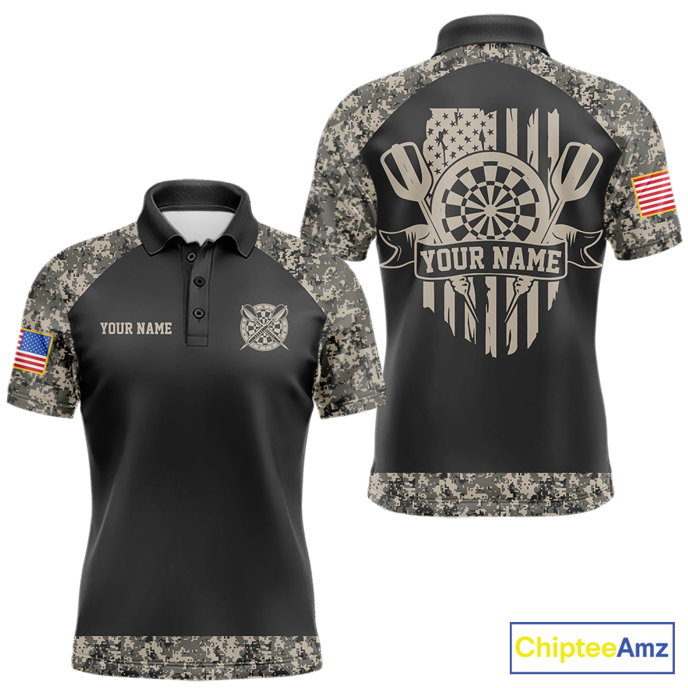 Personalized Retro Camo US Flag Darts Shirt For Men, Vintage Darts Team Jersey Polo & 1/4 Zip TDM8040