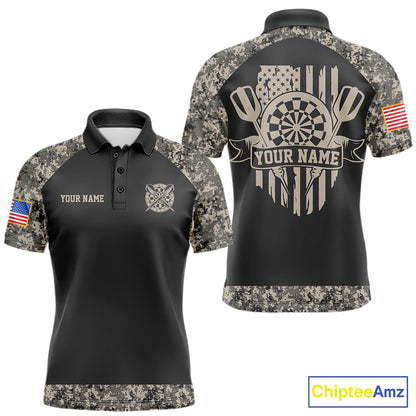 Personalized Retro Camo US Flag Darts Shirt For Men, Vintage Darts Team Jersey Polo & 1/4 Zip TDM8040